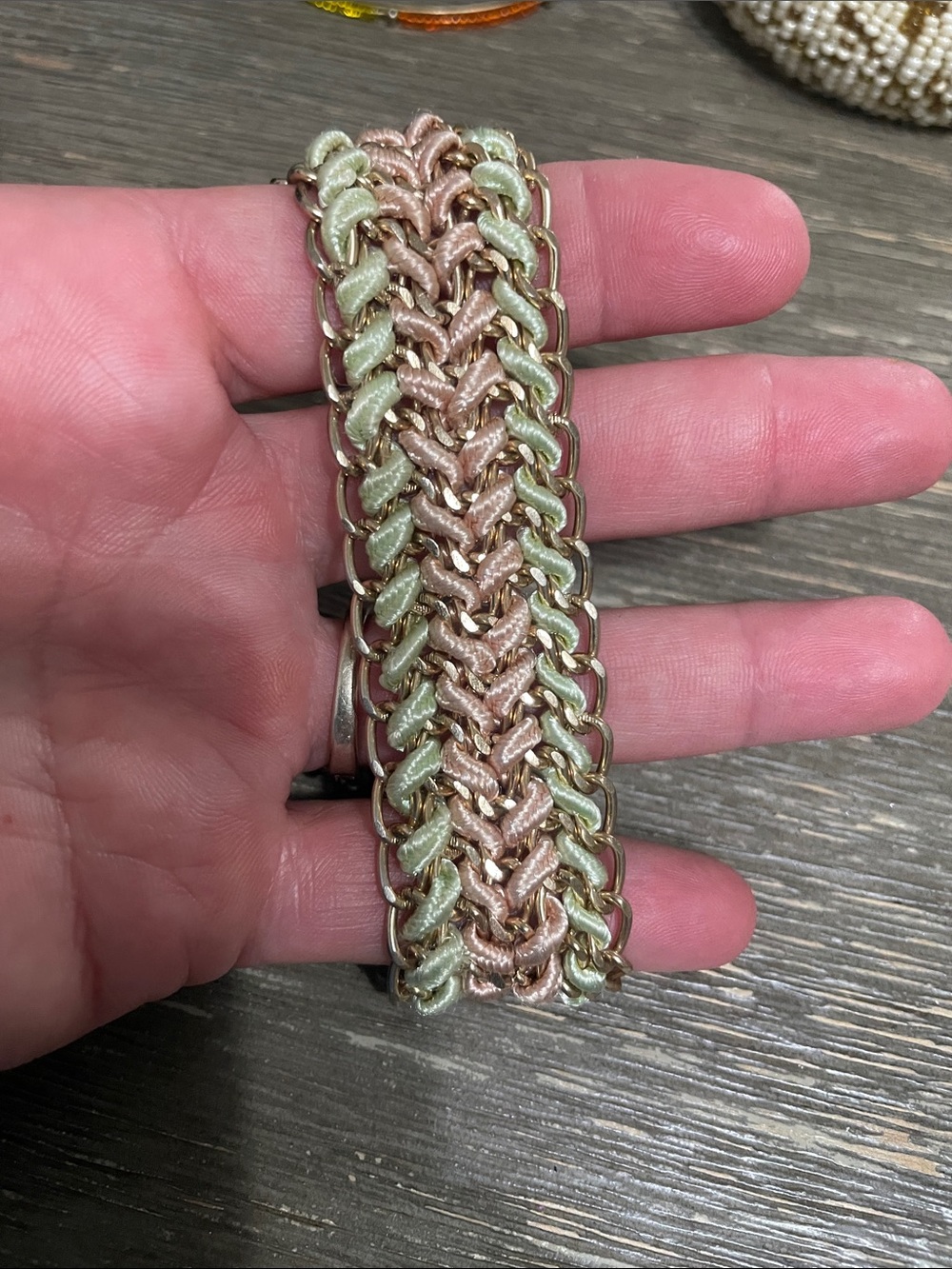 Woven Metallic Pink and Green Chain Bracelet